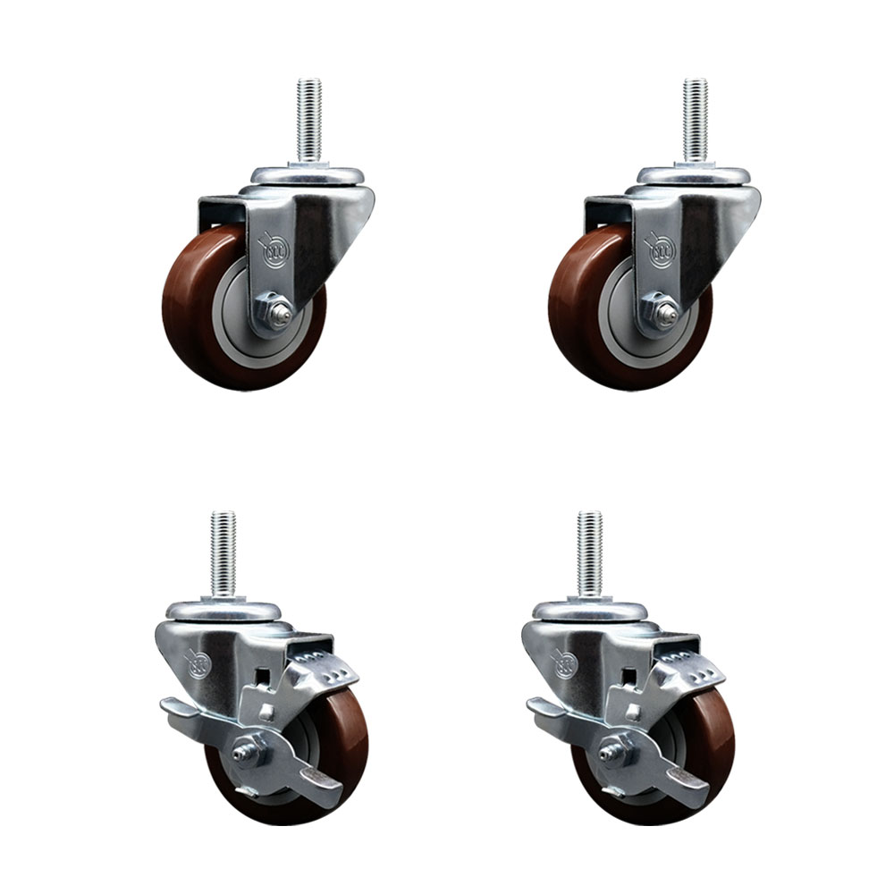 Polyurethane Swivel Threaded Stem Caster Set of 4 w/3" x 1.25" Maroon Wheels and 5/8" Stems - Includes 2 with Top Locking Brake - 1,200 lbs Total Capacity - Service Caster Brand — photo 1