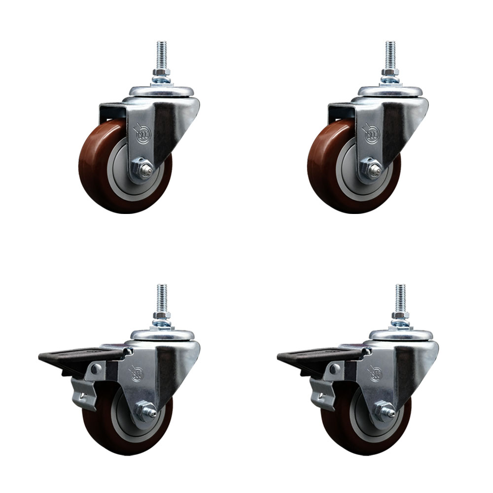 Polyurethane Swivel Threaded Stem Caster Set of 4 w/3" x 1.25" Maroon Wheels and 12MM Stems - Includes 2 with Posi Locking Brake - 1,200 lbs Total Capacity - Service Caster Brand — photo 1