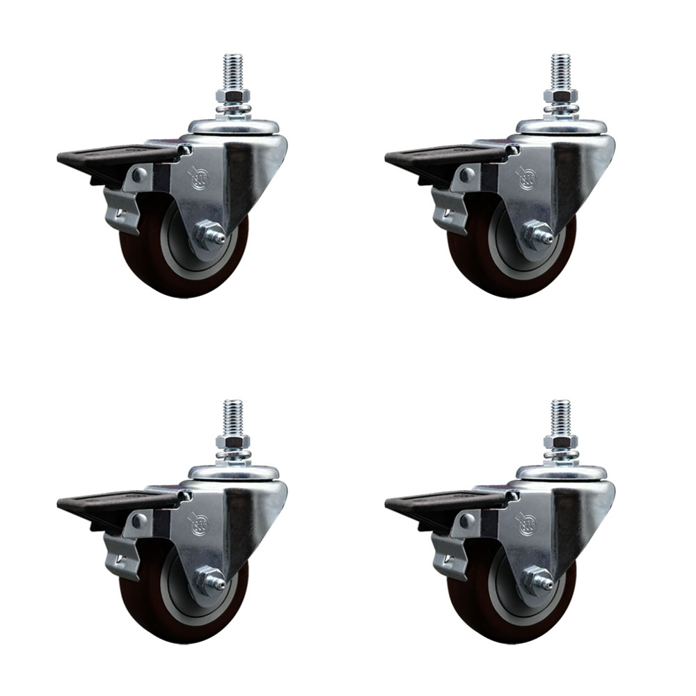 Polyurethane Swivel Threaded Stem Caster Set of 4 w/3" x 1.25" Maroon Wheels and 1/2" Stems - Includes 4 with Posi Lock Brakes - 1,200 lbs Total Capacity - Service Caster Brand — photo 1