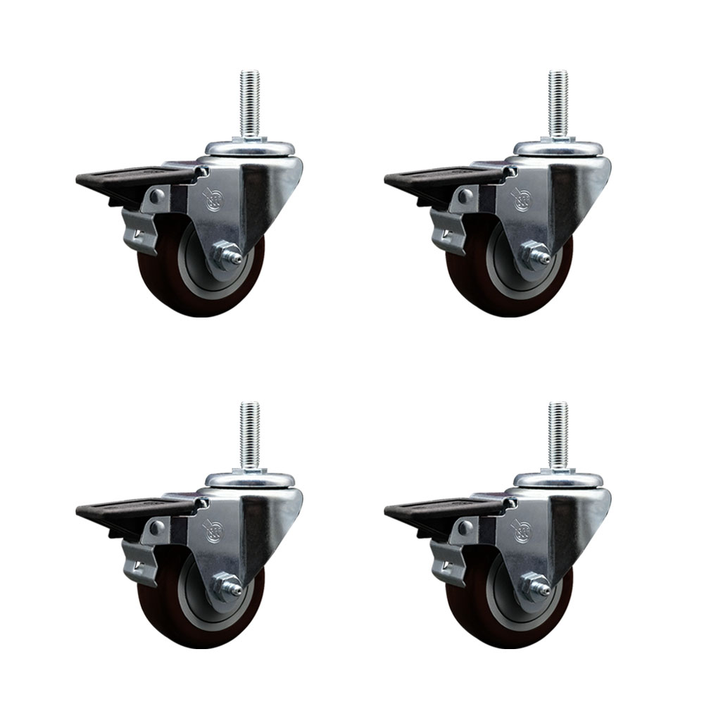Polyurethane Swivel Threaded Stem Caster Set of 4 w/3" x 1.25" Maroon Wheels and 3/4" Stems - Includes 4 with Posi Lock Brakes - 1,200 lbs Total Capacity - Service Caster Brand — photo 1
