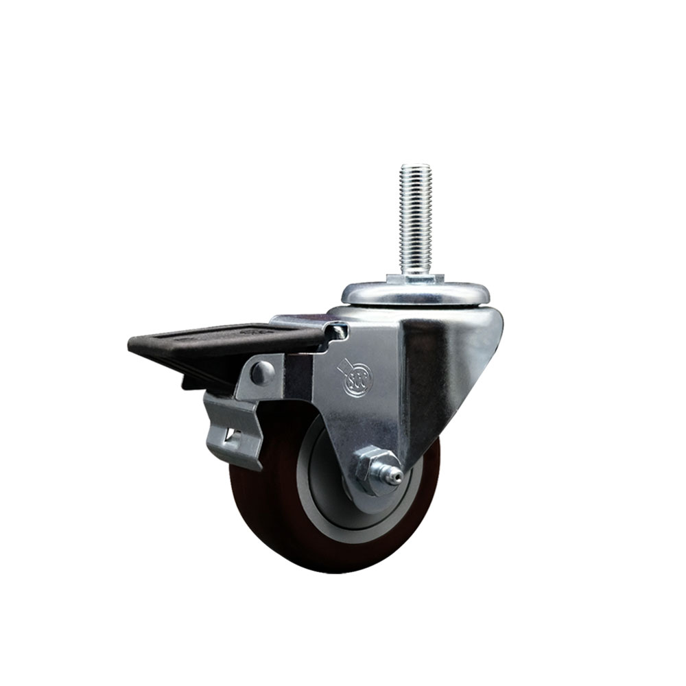 Polyurethane Swivel Threaded Stem Caster w/3" x 1.25" Maroon Wheel and 5/8" Stem & Posi Locking Brake - 300 lbs Capacity/Caster - Service Caster Brand — photo 1