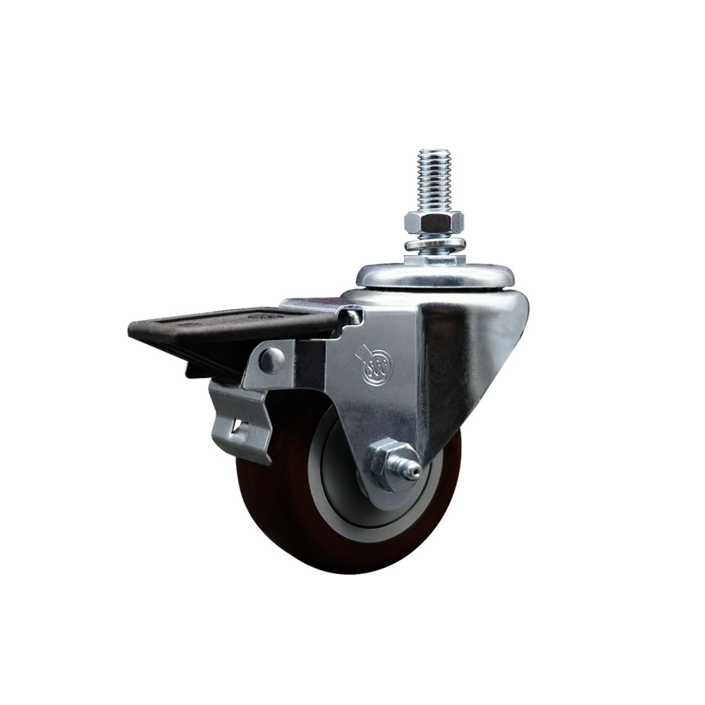 Polyurethane Swivel Threaded Stem Caster w/3" x 1.25" Maroon Wheel and 10MM Stem & Posi Locking Brake - 300 lbs Capacity/Caster - Service Caster Brand — photo 1