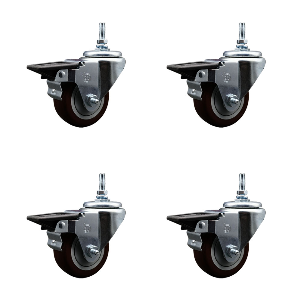 Polyurethane Swivel Threaded Stem Caster Set of 4 w/3" x 1.25" Maroon Wheels and 12MM Stems - Includes 4 with Posi Lock Brakes - 1,200 lbs Total Capacity - Service Caster Brand — photo 1