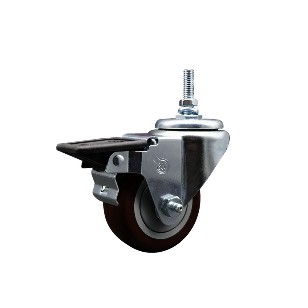 Polyurethane Swivel Threaded Stem Caster w/3" x 1.25" Maroon Wheel and 12MM Stem & Posi Locking Brake - 300 lbs Capacity/Caster - Service Caster Brand — photo 1