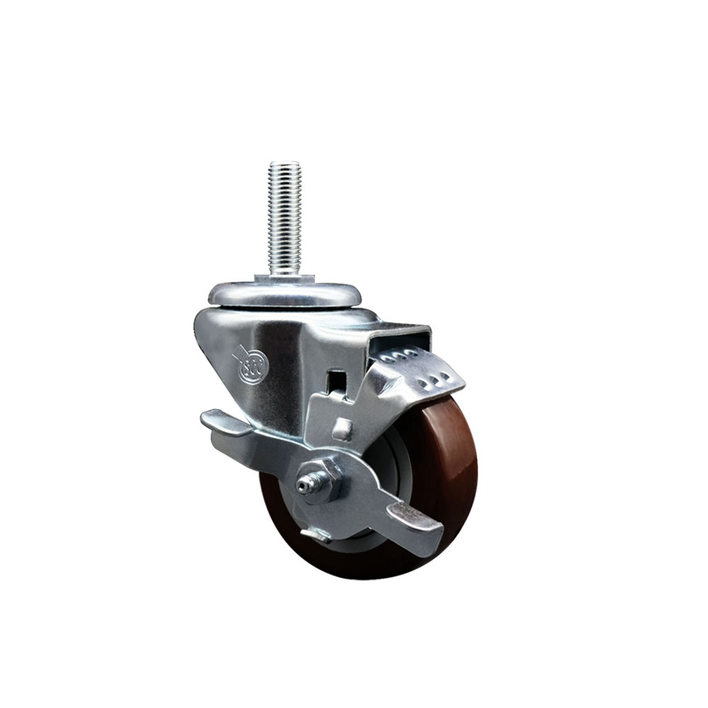 Polyurethane Swivel Threaded Stem Caster w/3" x 1.25" Maroon Wheel and 3/4" Stem & Top Locking Brake - 300 lbs Capacity/Caster - Service Caster Brand — photo 1