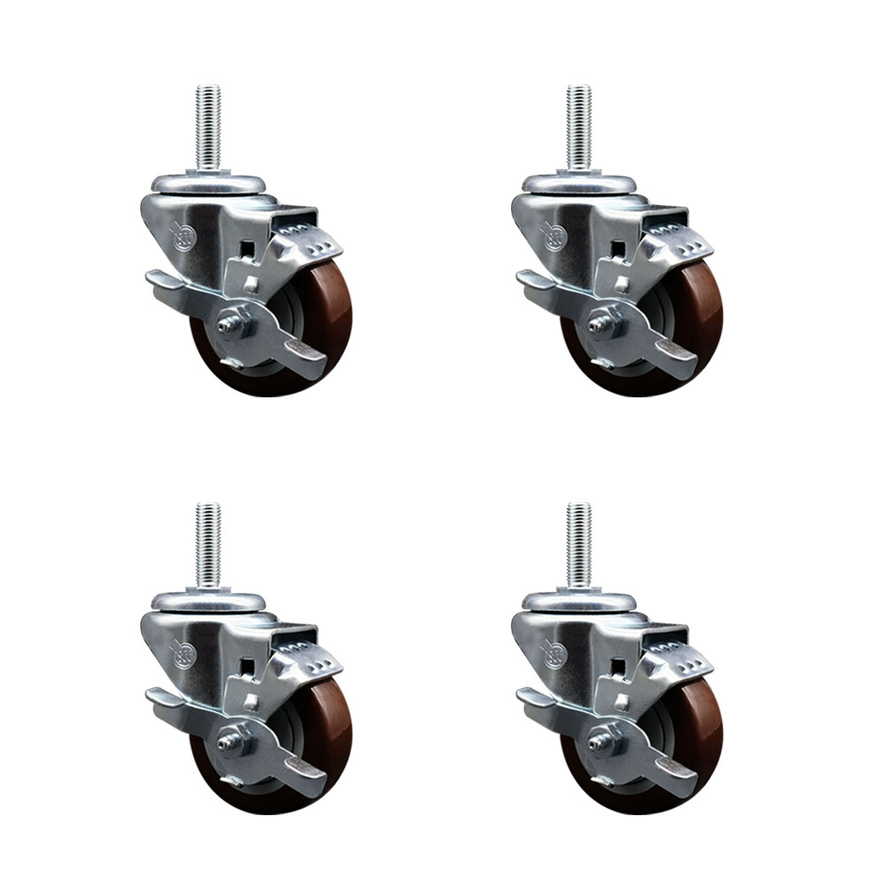 Polyurethane Swivel Threaded Stem Caster Set of 4 w/3" x 1.25" Maroon Wheels and 5/8" Stems - Includes 4 with Top Lock Brakes - 1,200 lbs Total Capacity - Service Caster Brand — photo 1