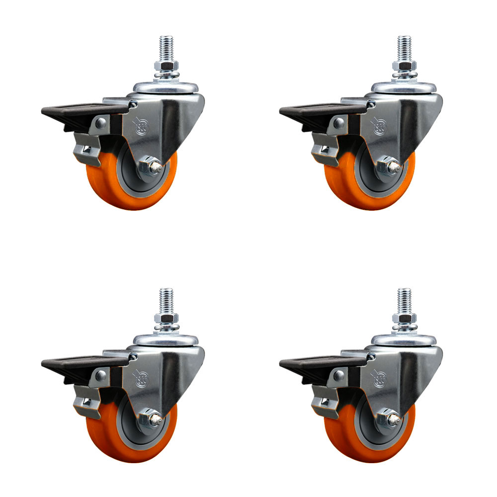 Polyurethane Swivel Threaded Stem Caster Set of 4 w/3" x 1.25" Orange Wheels and 1/2" Stems - Includes 4 with Posi Lock Brakes - 1,200 lbs Total Capacity - Service Caster Brand — photo 1