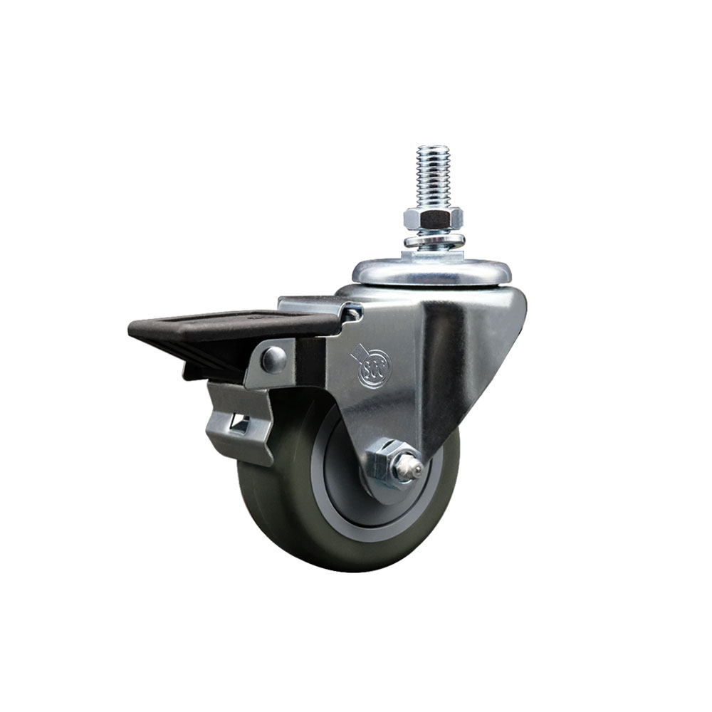 Polyurethane Swivel Threaded Stem Caster w/3" x 1.25" gray Wheel and 1/2" Stem & Posi Locking Brake - 300 lbs Capacity/Caster - Service Caster Brand — photo 1