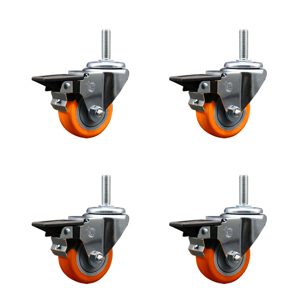 Polyurethane Swivel Threaded Stem Caster Set of 4 w/3" x 1.25" Orange Wheels and 3/4" Stems - Includes 4 with Posi Lock Brakes - 1,200 lbs Total Capacity - Service Caster Brand — photo 1