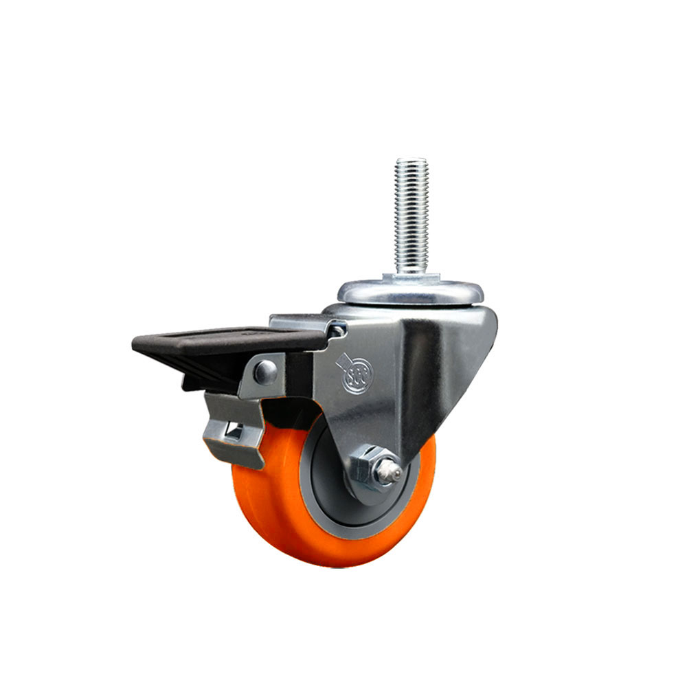 Polyurethane Swivel Threaded Stem Caster w/3" x 1.25" Orange Wheel and 3/4" Stem & Posi Locking Brake - 300 lbs Capacity/Caster - Service Caster Brand — photo 1
