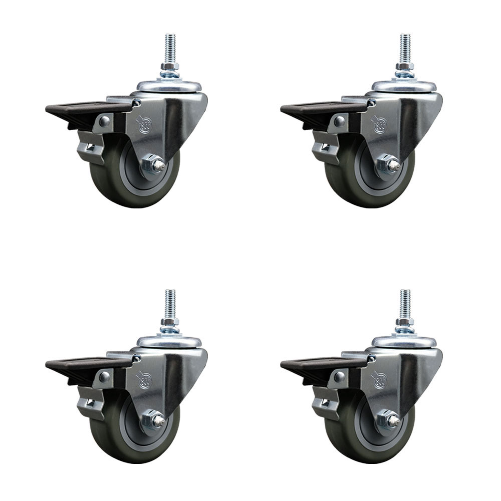 Polyurethane Swivel Threaded Stem Caster Set of 4 w/3" x 1.25" Gray Wheels and 3/8" Stems - Includes 4 with Posi Lock Brakes - 1,200 lbs Total Capacity - Service Caster Brand — photo 1
