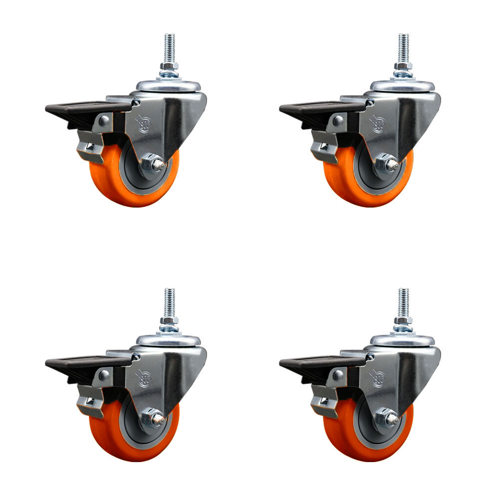 Polyurethane Swivel Threaded Stem Caster Set of 4 w/3" x 1.25" Orange Wheels and 3/8" Stems - Includes 4 with Posi Lock Brakes - 1,200 lbs Total Capacity - Service Caster Brand — photo 1