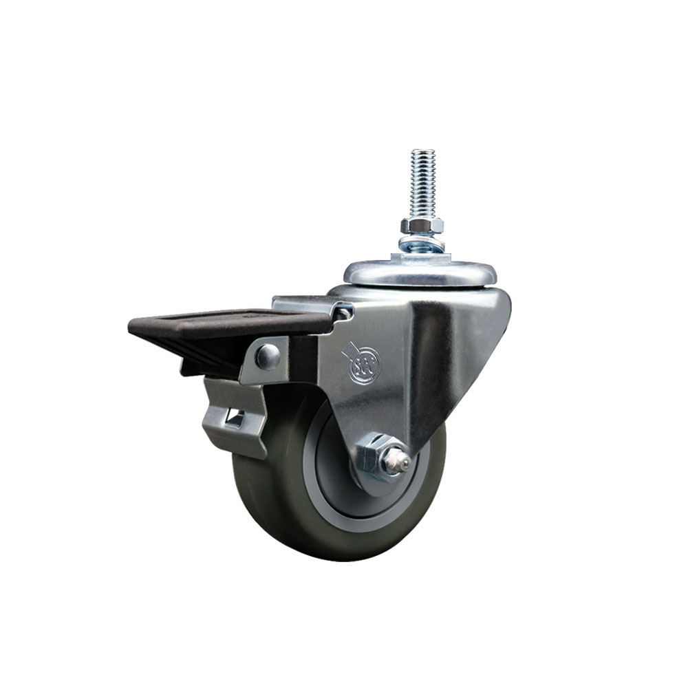 Polyurethane Swivel Threaded Stem Caster w/3" x 1.25" gray Wheel and 3/8" Stem & Posi Locking Brake - 300 lbs Capacity/Caster - Service Caster Brand — photo 1