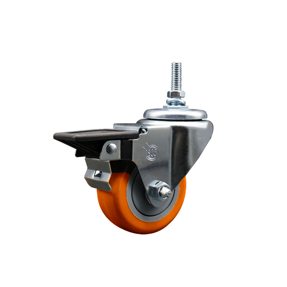 Polyurethane Swivel Threaded Stem Caster w/3" x 1.25" Orange Wheel and 3/8" Stem & Posi Locking Brake - 300 lbs Capacity/Caster - Service Caster Brand — photo 1