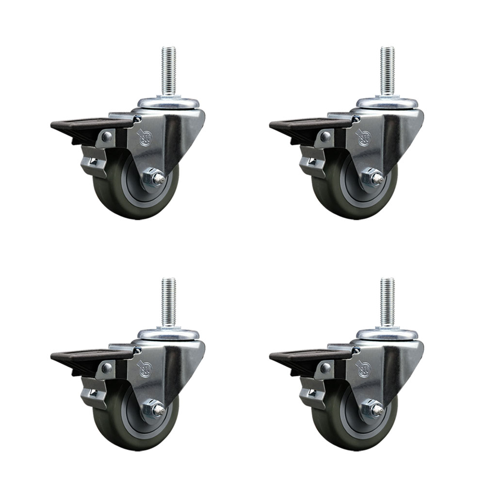 Polyurethane Swivel Threaded Stem Caster Set of 4 w/3" x 1.25" Gray Wheels and 5/8" Stems - Includes 4 with Posi Lock Brakes - 1,200 lbs Total Capacity - Service Caster Brand — photo 1