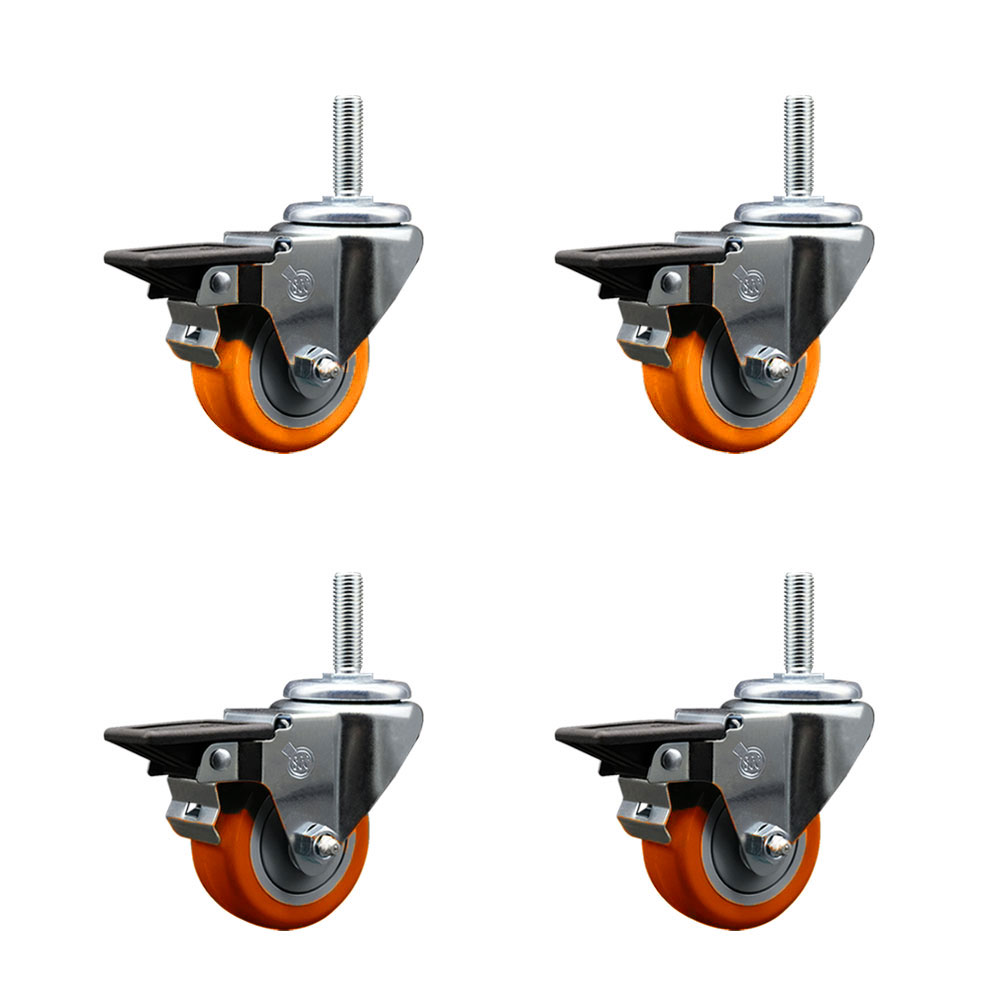 Polyurethane Swivel Threaded Stem Caster Set of 4 w/3" x 1.25" Orange Wheels and 5/8" Stems - Includes 4 with Posi Lock Brakes - 1,200 lbs Total Capacity - Service Caster Brand — photo 1