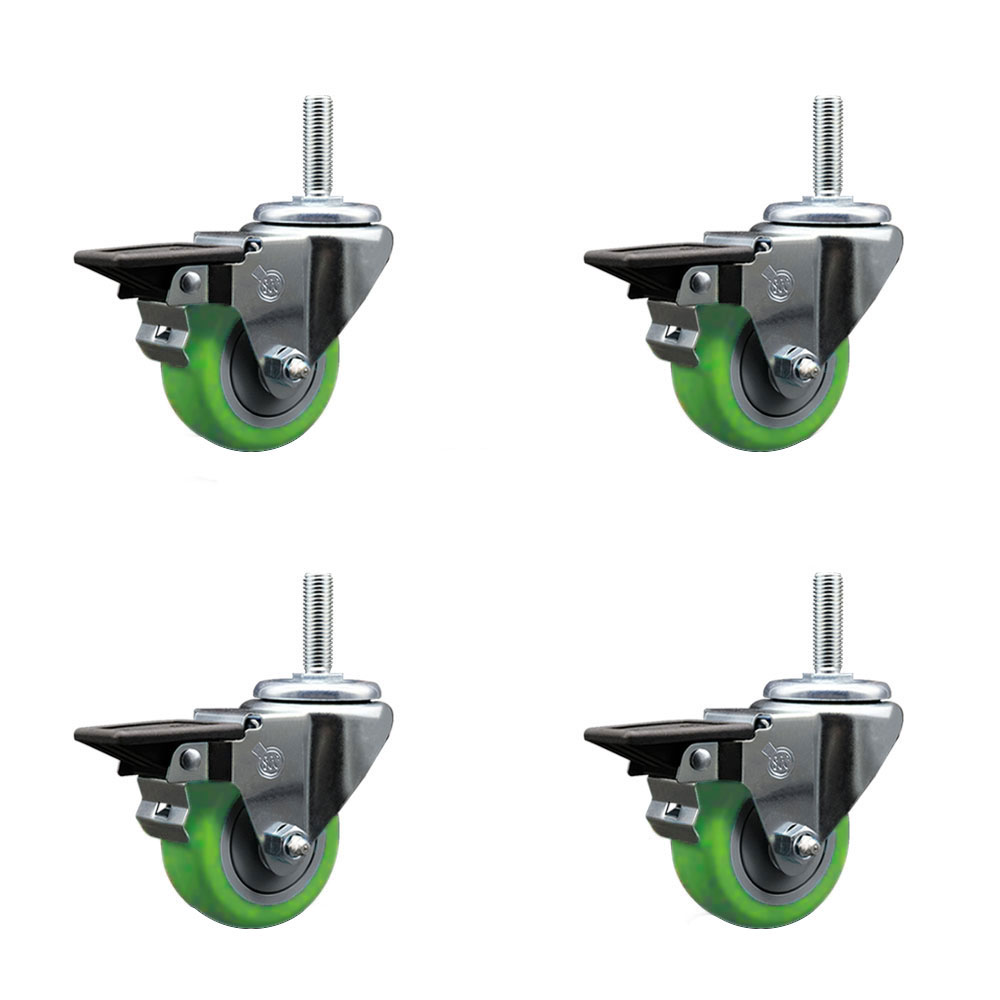 Polyurethane Swivel Threaded Stem Caster Set of 4 w/3" x 1.25" Green Wheels and 5/8" Stems - Includes 4 with Posi Lock Brakes - 1,200 lbs Total Capacity - Service Caster Brand — photo 1