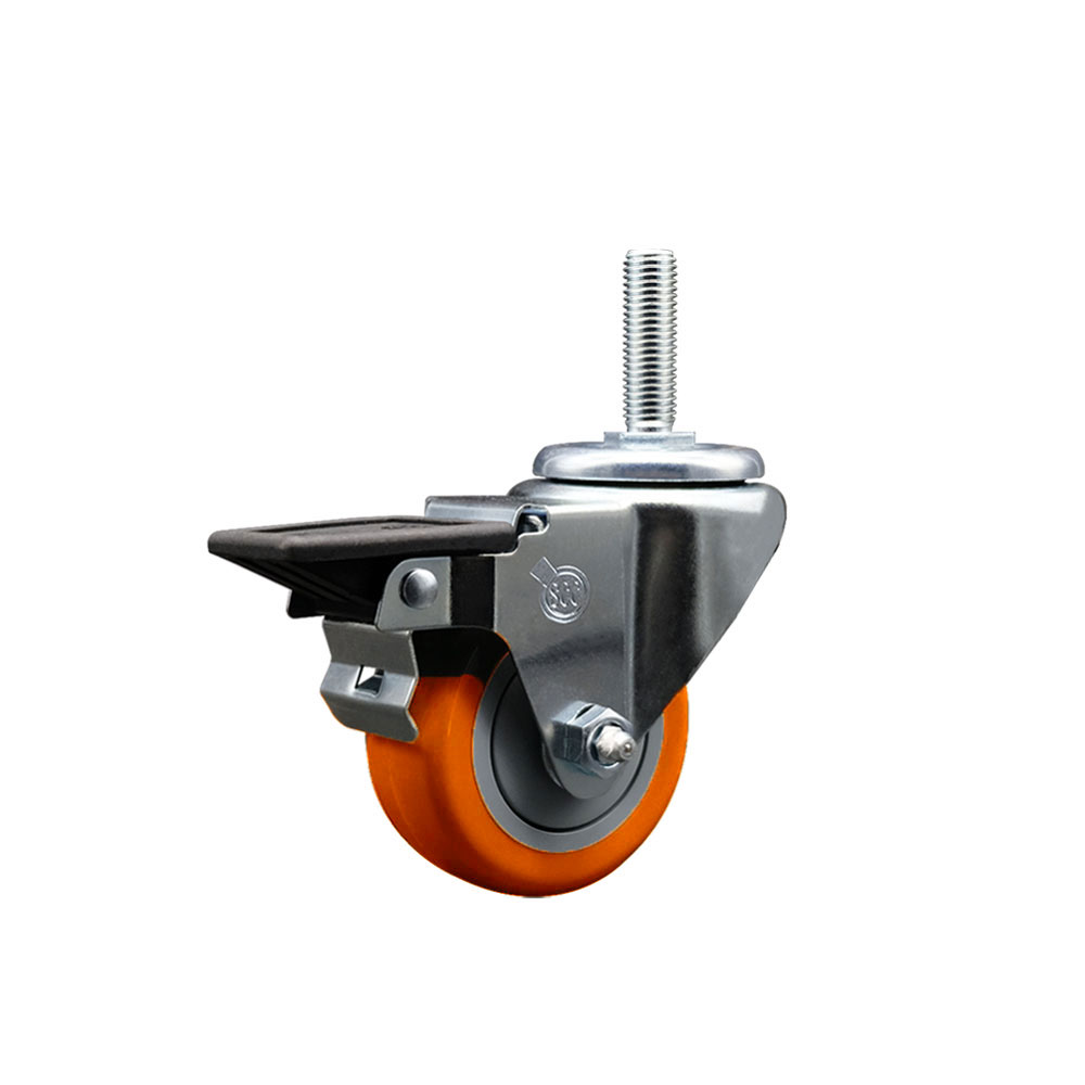 Polyurethane Swivel Threaded Stem Caster w/3" x 1.25" Orange Wheel and 5/8" Stem & Posi Locking Brake - 300 lbs Capacity/Caster - Service Caster Brand — photo 1
