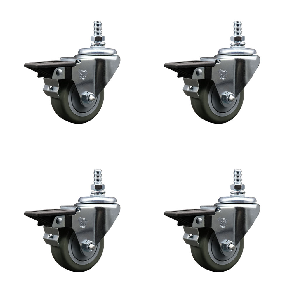 Polyurethane Swivel Threaded Stem Caster Set of 4 w/3" x 1.25" Gray Wheels and 10MM Stems - Includes 4 with Posi Lock Brakes - 1,200 lbs Total Capacity - Service Caster Brand — photo 1