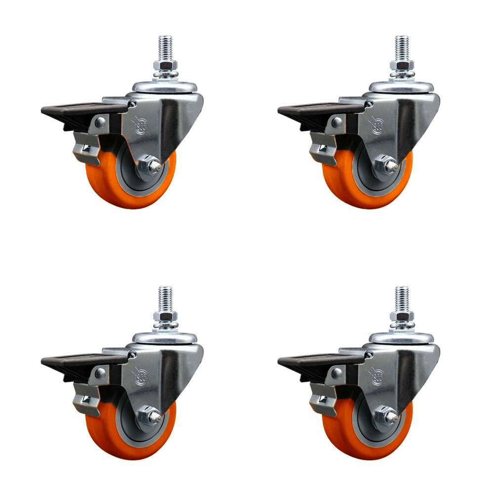 Polyurethane Swivel Threaded Stem Caster Set of 4 w/3" x 1.25" Orange Wheels and 10MM Stems - Includes 4 with Posi Lock Brakes - 1,200 lbs Total Capacity - Service Caster Brand — photo 1