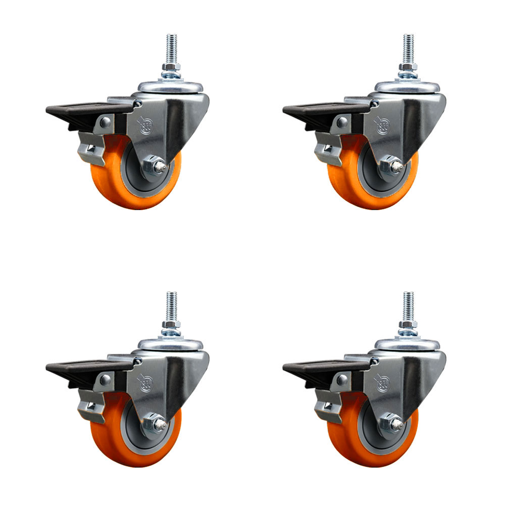 Polyurethane Swivel Threaded Stem Caster Set of 4 w/3" x 1.25" Orange Wheels and 12MM Stems - Includes 4 with Posi Lock Brakes - 1,200 lbs Total Capacity - Service Caster Brand — photo 1