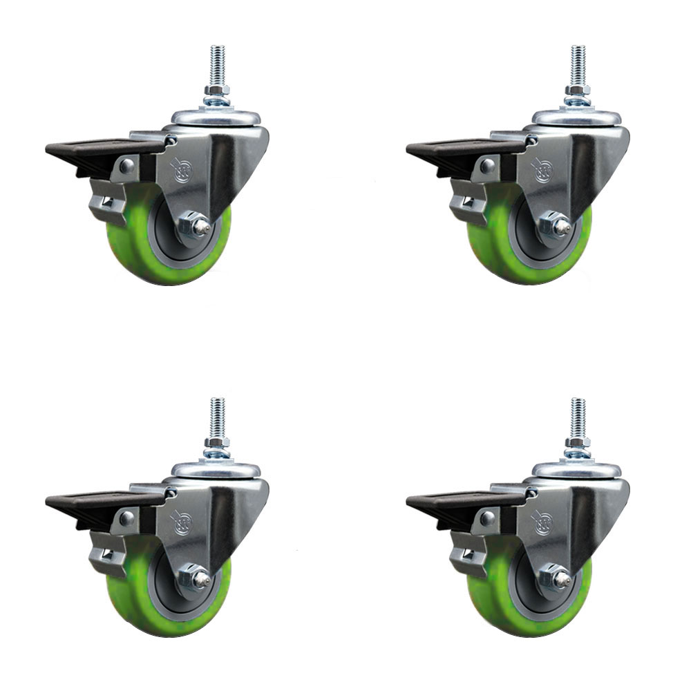 Polyurethane Swivel Threaded Stem Caster Set of 4 w/3" x 1.25" Green Wheels and 12MM Stems - Includes 4 with Posi Lock Brakes - 1,200 lbs Total Capacity - Service Caster Brand — photo 1