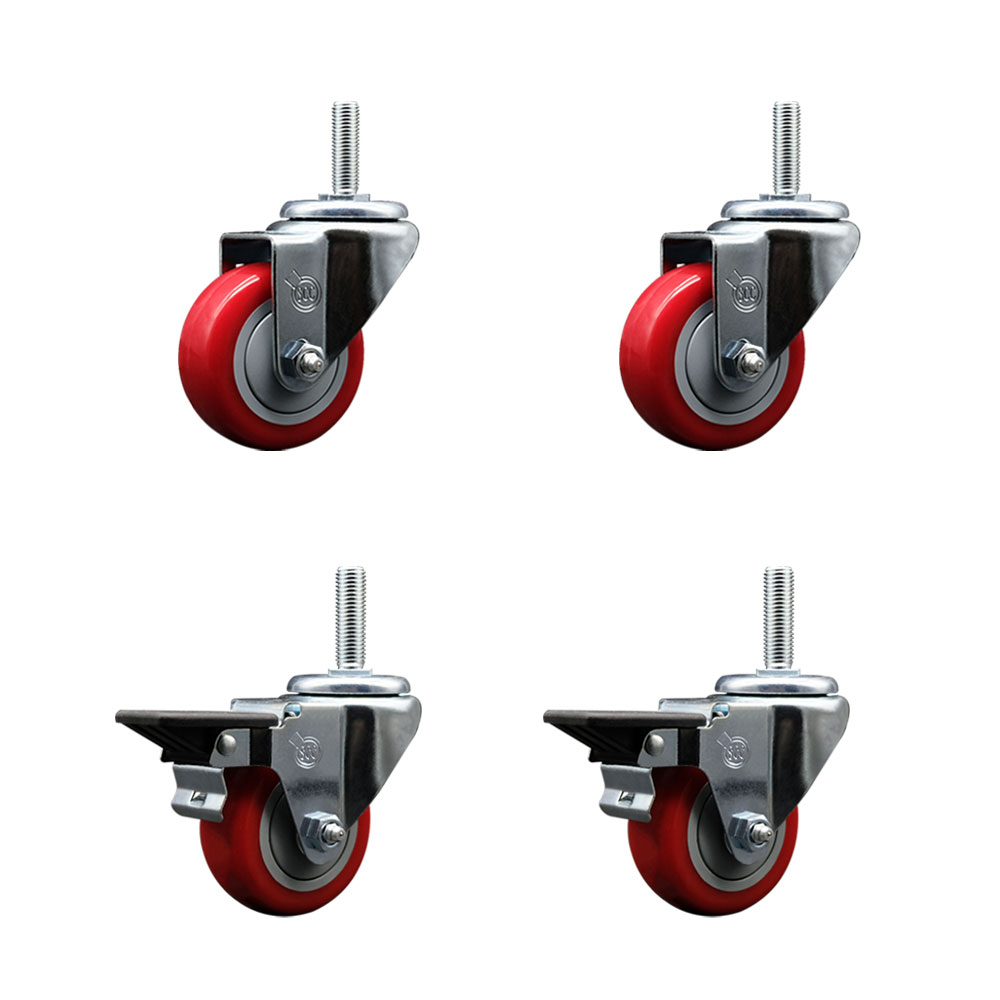 Polyurethane Swivel Threaded Stem Caster Set of 4 w/3" x 1.25" Red Wheels and 5/8" Stems - Includes 2 with Posi Locking Brake - 1,200 lbs Total Capacity - Service Caster Brand — photo 1