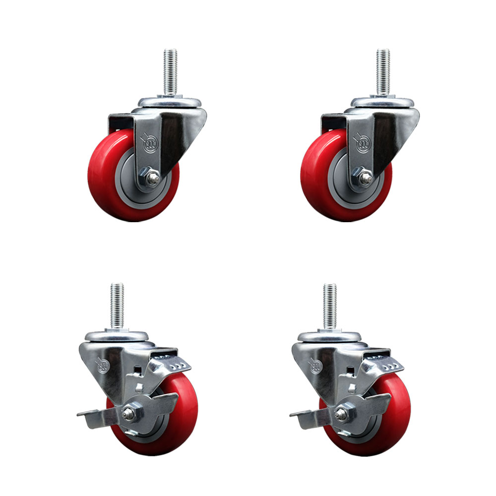 Polyurethane Swivel Threaded Stem Caster Set of 4 w/3" x 1.25" Red Wheels and 5/8" Stems - Includes 2 with Top Locking Brake - 1,200 lbs Total Capacity - Service Caster Brand — photo 1