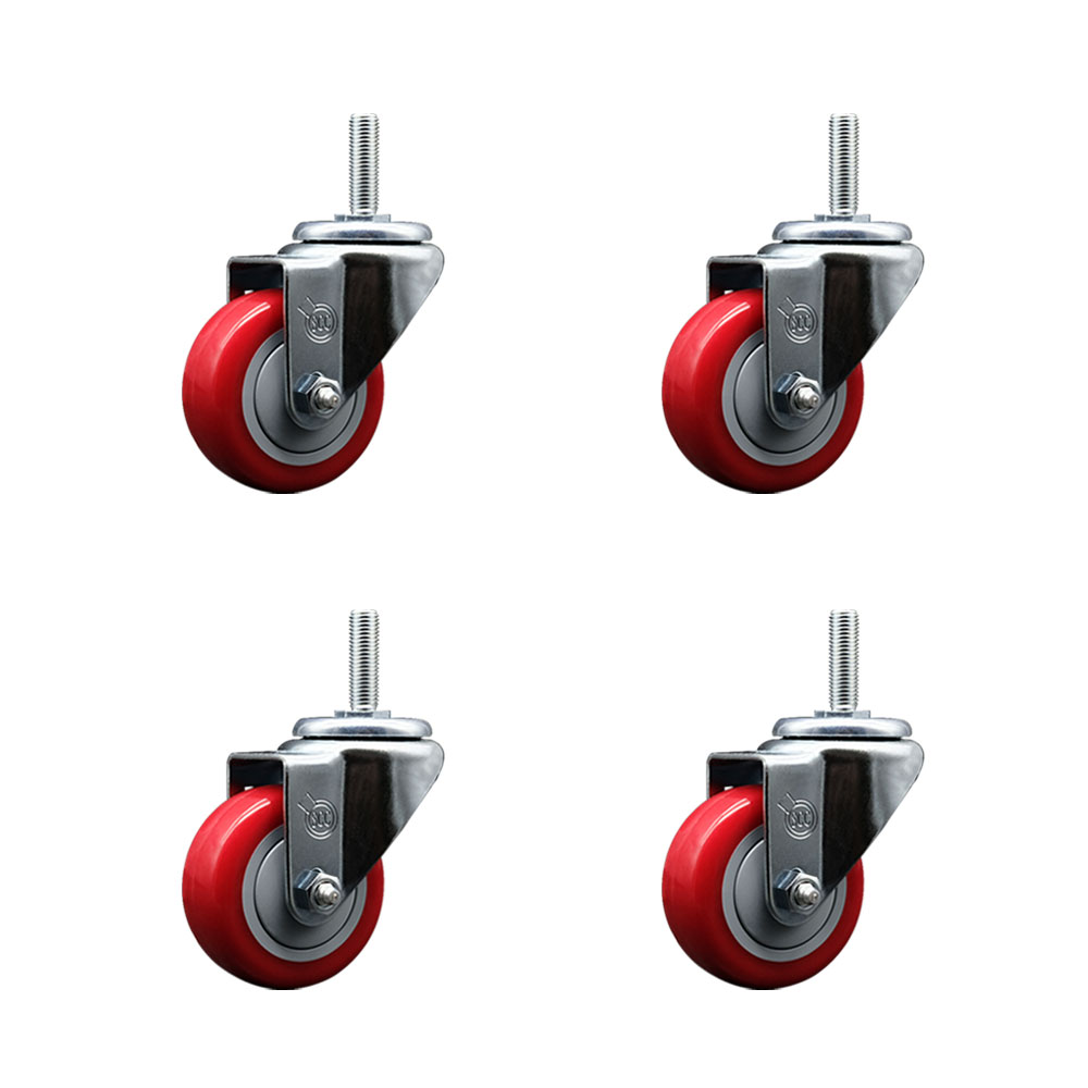 Polyurethane Swivel Threaded Stem Caster Set of 4 w/3" x 1.25" Red Wheels and 5/8" Stems - Includes 4 Swivel - 1,200 lbs Total Capacity - Service Caster Brand — photo 1