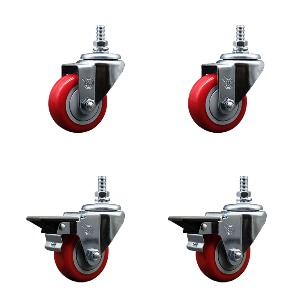 Polyurethane Swivel Threaded Stem Caster Set of 4 w/3" x 1.25" Red Wheels and 10MM Stems - Includes 2 with Posi Locking Brake - 1,200 lbs Total Capacity - Service Caster Brand — photo 1