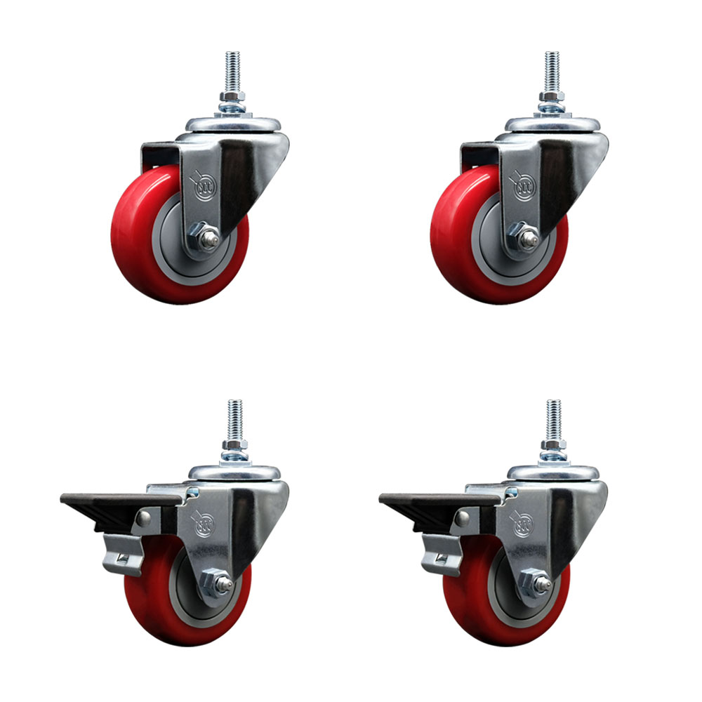 Polyurethane Swivel Threaded Stem Caster Set of 4 w/3" x 1.25" Red Wheels and 12MM Stems - Includes 2 with Posi Locking Brake - 1,200 lbs Total Capacity - Service Caster Brand — photo 1