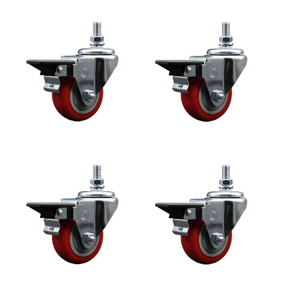 Polyurethane Swivel Threaded Stem Caster Set of 4 w/3" x 1.25" Red Wheels and 1/2" Stems - Includes 4 with Posi Lock Brakes - 1,200 lbs Total Capacity - Service Caster Brand — photo 1