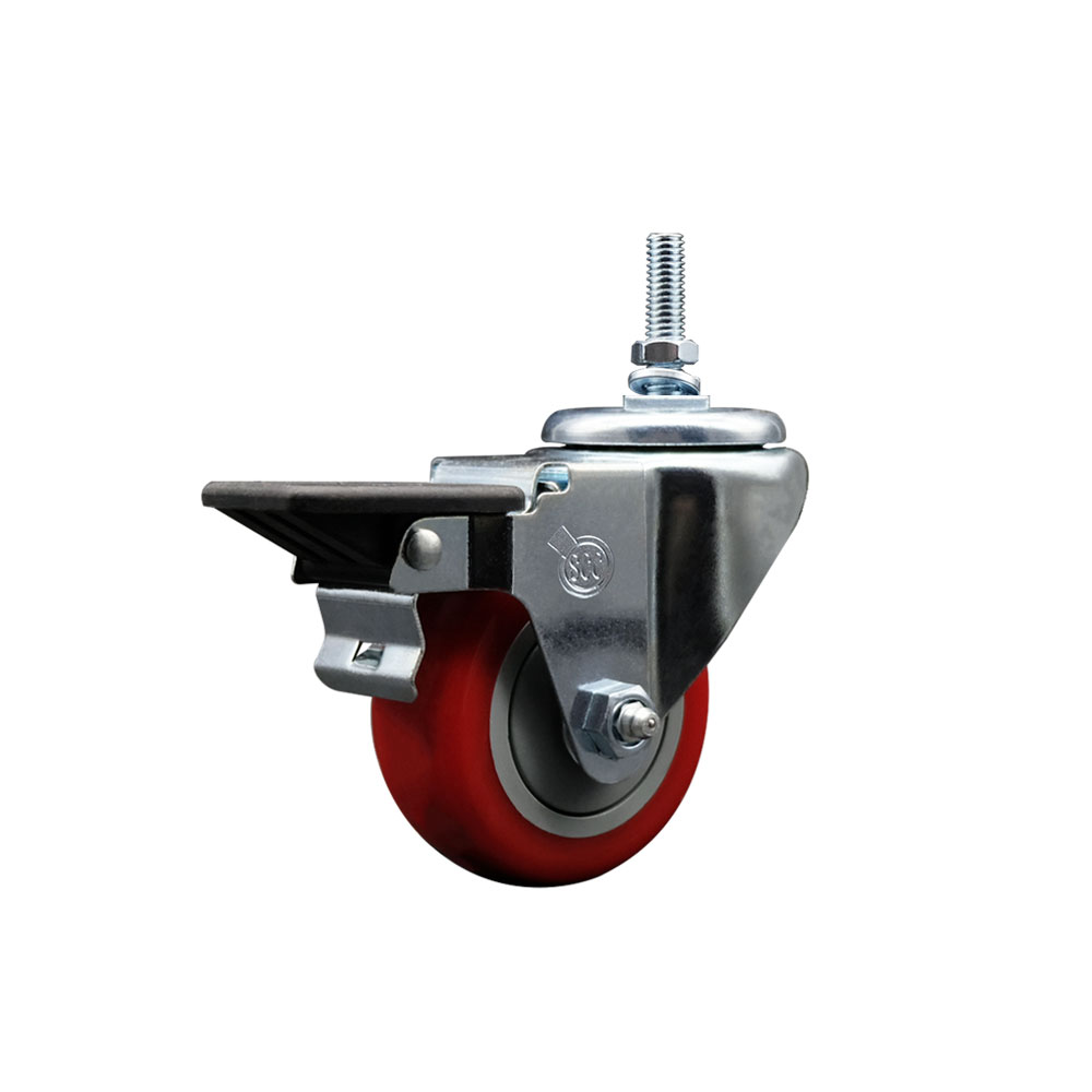 Polyurethane Swivel Threaded Stem Caster w/3" x 1.25" Red Wheel and 3/8" Stem & Posi Locking Brake - 300 lbs Capacity/Caster - Service Caster Brand — photo 1