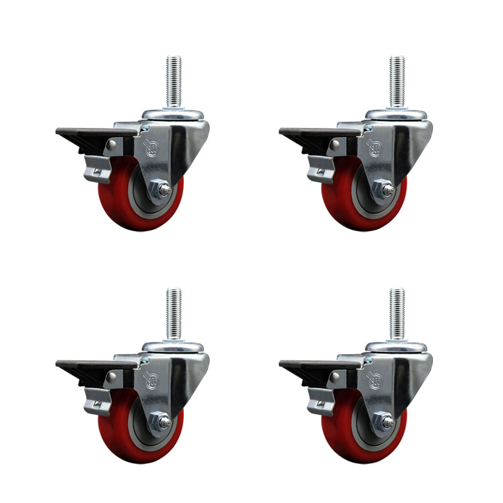 Polyurethane Swivel Threaded Stem Caster Set of 4 w/3" x 1.25" Red Wheels and 5/8" Stems - Includes 4 with Posi Lock Brakes - 1,200 lbs Total Capacity - Service Caster Brand — photo 1