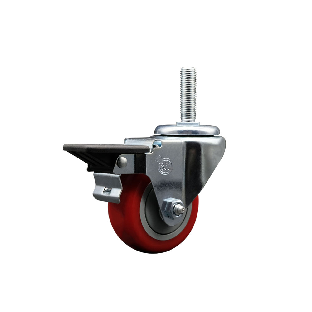 Polyurethane Swivel Threaded Stem Caster w/3" x 1.25" Red Wheel and 5/8" Stem & Posi Locking Brake - 300 lbs Capacity/Caster - Service Caster Brand — photo 1