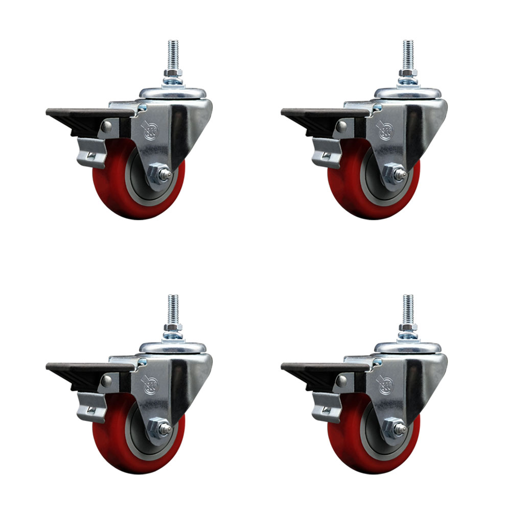 Polyurethane Swivel Threaded Stem Caster Set of 4 w/3" x 1.25" Red Wheels and 12MM Stems - Includes 4 with Posi Lock Brakes - 1,200 lbs Total Capacity - Service Caster Brand — photo 1