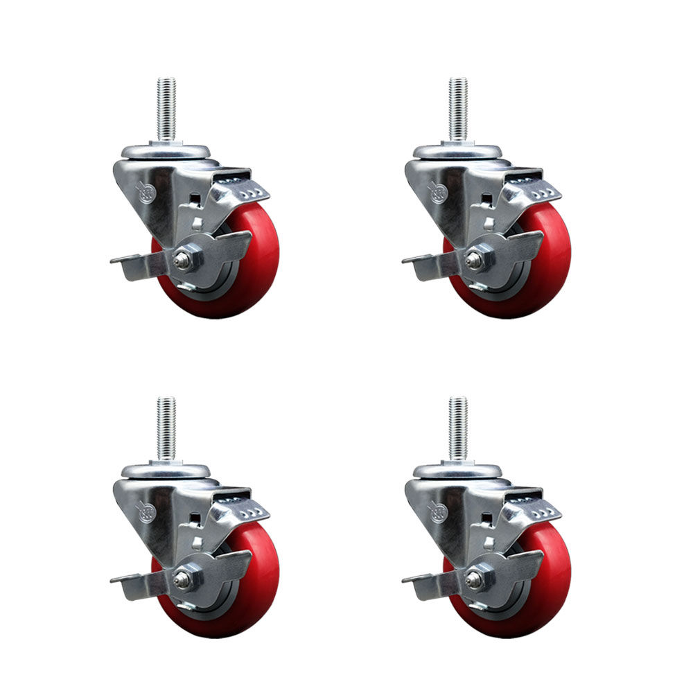 Polyurethane Swivel Threaded Stem Caster Set of 4 w/3" x 1.25" Red Wheels and 3/4" Stems - Includes 4 with Top Lock Brakes - 1,200 lbs Total Capacity - Service Caster Brand — photo 1