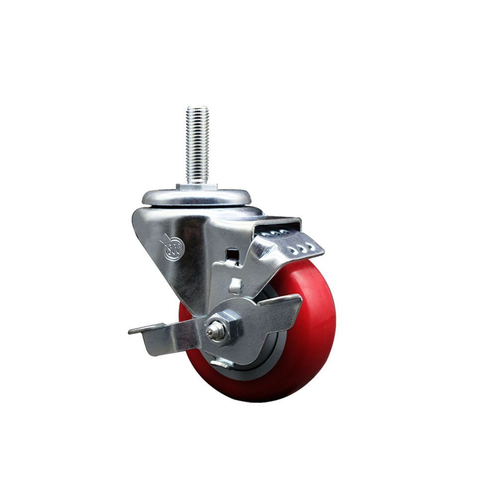 Polyurethane Swivel Threaded Stem Caster w/3" x 1.25" Red Wheel and 5/8" Stem & Top Locking Brake - 300 lbs Capacity/Caster - Service Caster Brand — photo 1