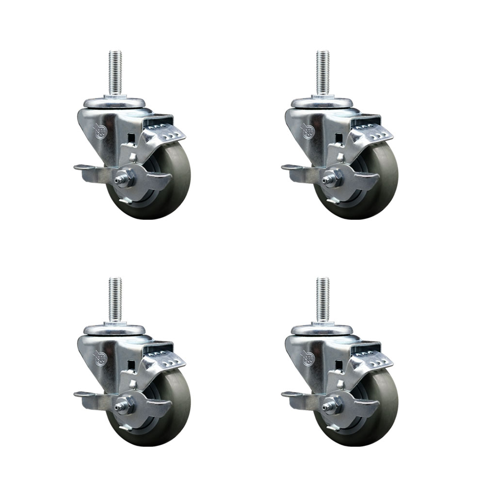 Polyurethane Swivel Threaded Stem Caster Set of 4 w/3" x 1.25" Gray Wheels and 3/4" Stems - Includes 4 with Top Lock Brakes - 1,200 lbs Total Capacity - Service Caster Brand — photo 1