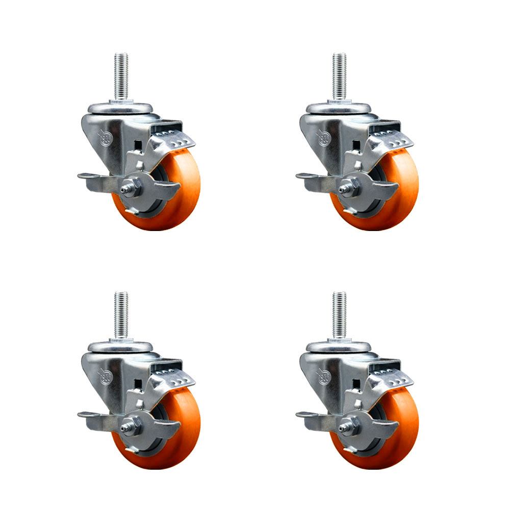 Polyurethane Swivel Threaded Stem Caster Set of 4 w/3" x 1.25" Orange Wheels and 5/8" Stems - Includes 4 with Top Lock Brakes - 1,200 lbs Total Capacity - Service Caster Brand — photo 1