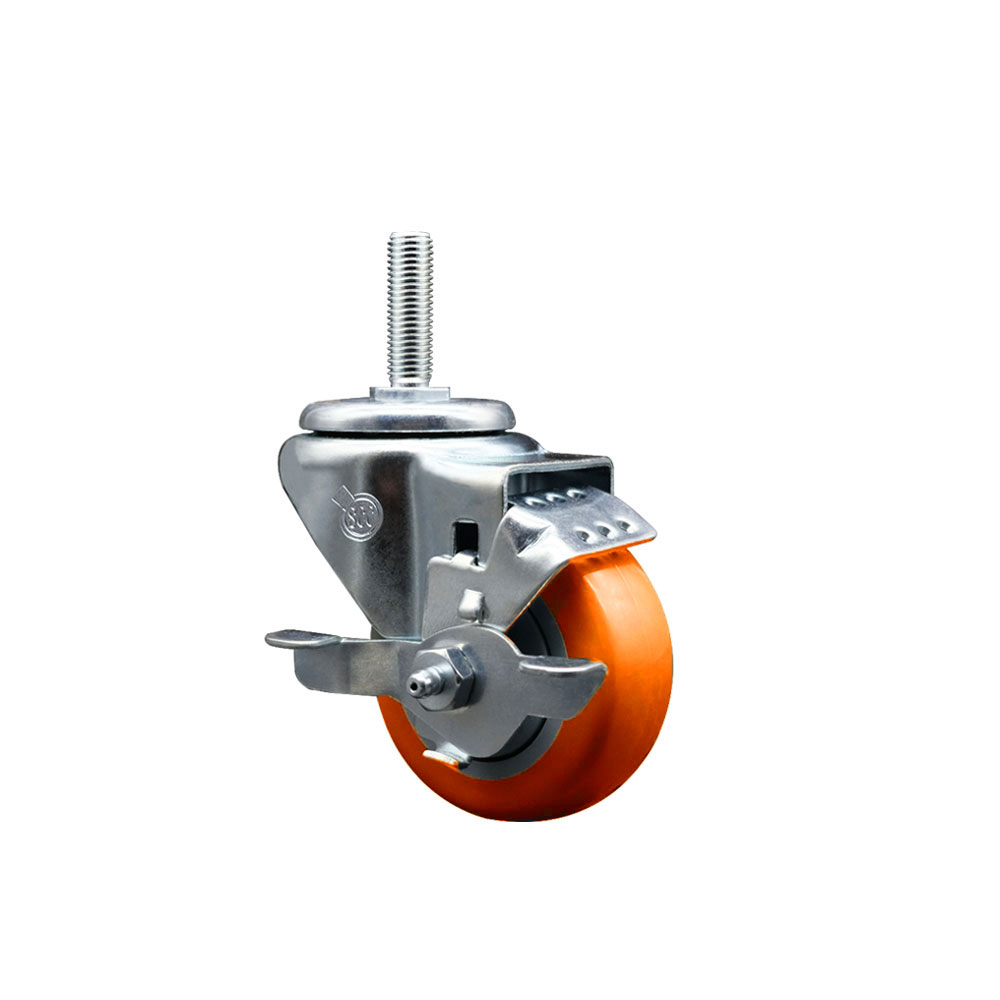 Polyurethane Swivel Threaded Stem Caster w/3" x 1.25" Orange Wheel and 3/4" Stem & Top Locking Brake - 300 lbs Capacity/Caster - Service Caster Brand — photo 1