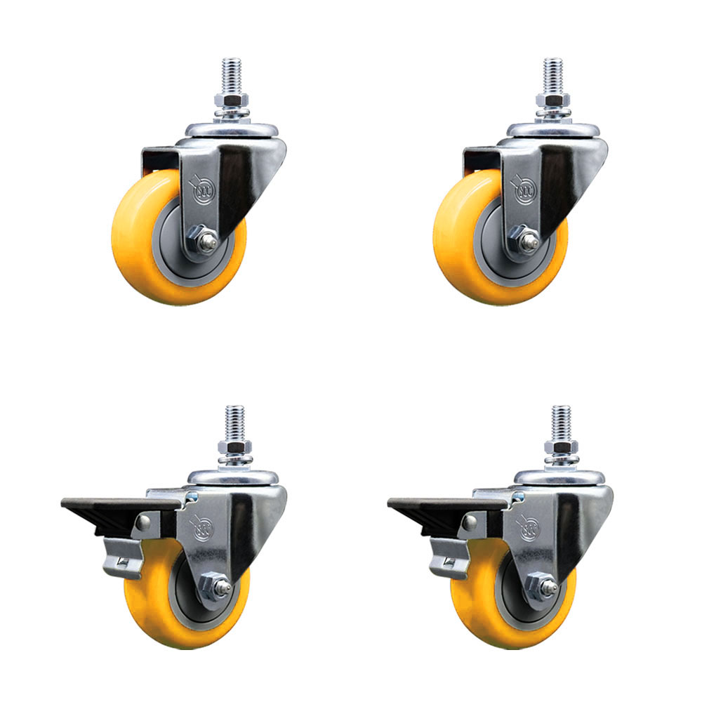Polyurethane Swivel Threaded Stem Caster Set of 4 w/3" x 1.25" Yellow Wheels and 1/2" Stems - Includes 2 with Posi Locking Brake - 1,200 lbs Total Capacity - Service Caster Brand — photo 1