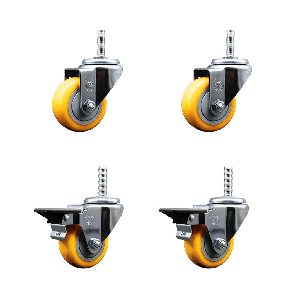 Polyurethane Swivel Threaded Stem Caster Set of 4 w/3" x 1.25" Yellow Wheels and 3/4" Stems - Includes 2 with Posi Locking Brake - 1,200 lbs Total Capacity - Service Caster Brand — photo 1