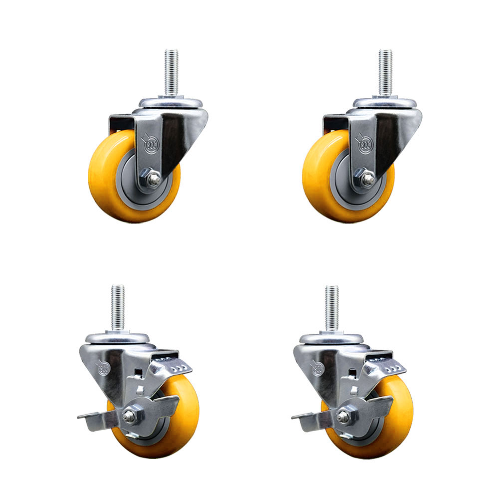 Polyurethane Swivel Threaded Stem Caster Set of 4 w/3" x 1.25" Yellow Wheels and 3/4" Stems - Includes 2 with Top Locking Brake - 1,200 lbs Total Capacity - Service Caster Brand — photo 1