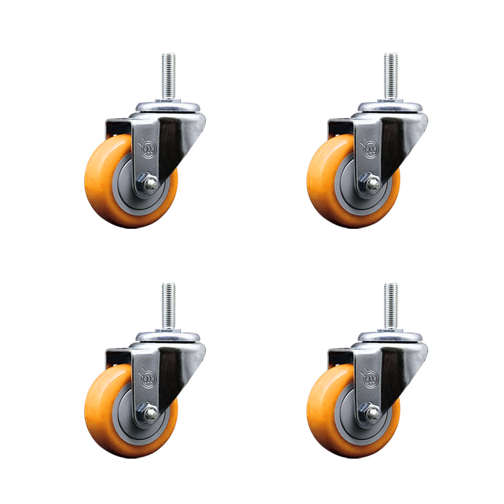 Polyurethane Swivel Threaded Stem Caster Set of 4 w/3" x 1.25" Yellow Wheels and 3/4" Stems - Includes 4 Swivel - 1,200 lbs Total Capacity - Service Caster Brand — photo 1