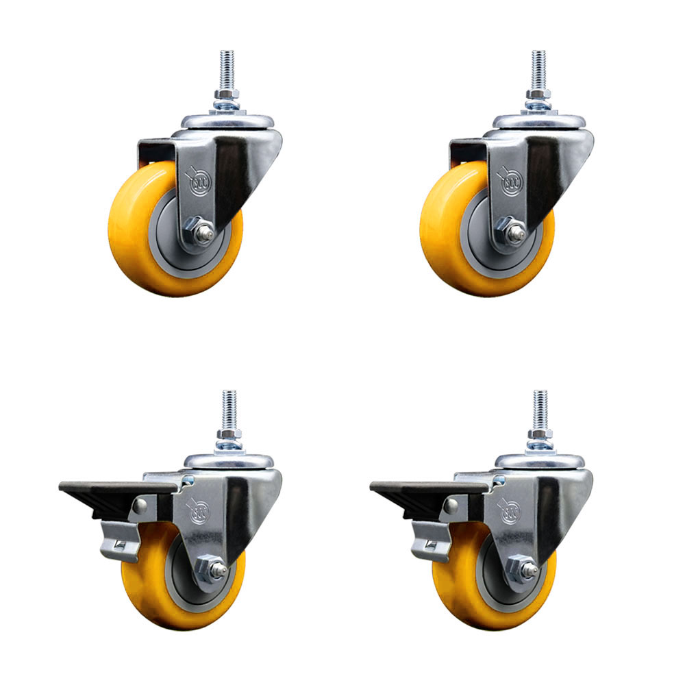 Polyurethane Swivel Threaded Stem Caster Set of 4 w/3" x 1.25" Yellow Wheels and 3/8" Stems - Includes 2 with Posi Locking Brake - 1,200 lbs Total Capacity - Service Caster Brand — photo 1