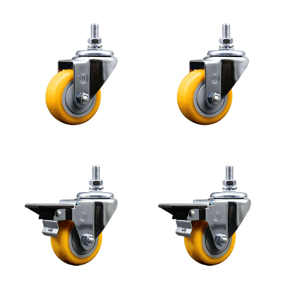 Polyurethane Swivel Threaded Stem Caster Set of 4 w/3" x 1.25" Yellow Wheels and 10MM Stems - Includes 2 with Posi Locking Brake - 1,200 lbs Total Capacity - Service Caster Brand — photo 1