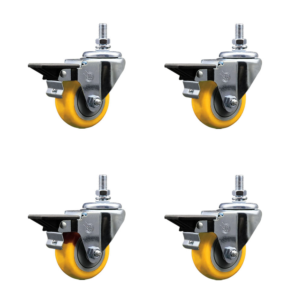 Polyurethane Swivel Threaded Stem Caster Set of 4 w/3" x 1.25" Yellow Wheels and 1/2" Stems - Includes 4 with Posi Lock Brakes - 1,200 lbs Total Capacity - Service Caster Brand — photo 1