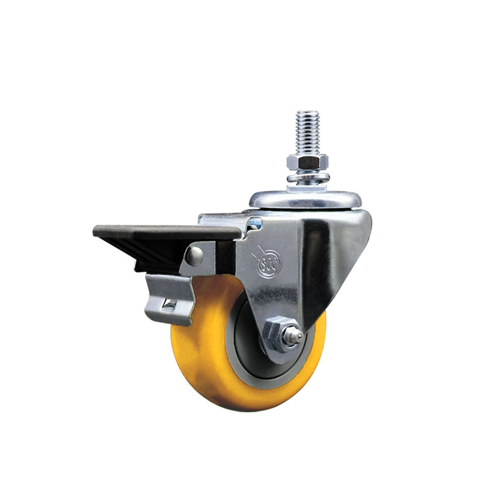 Polyurethane Swivel Threaded Stem Caster w/3" x 1.25" Yellow Wheel and 1/2" Stem & Posi Locking Brake - 300 lbs Capacity/Caster - Service Caster Brand — photo 1