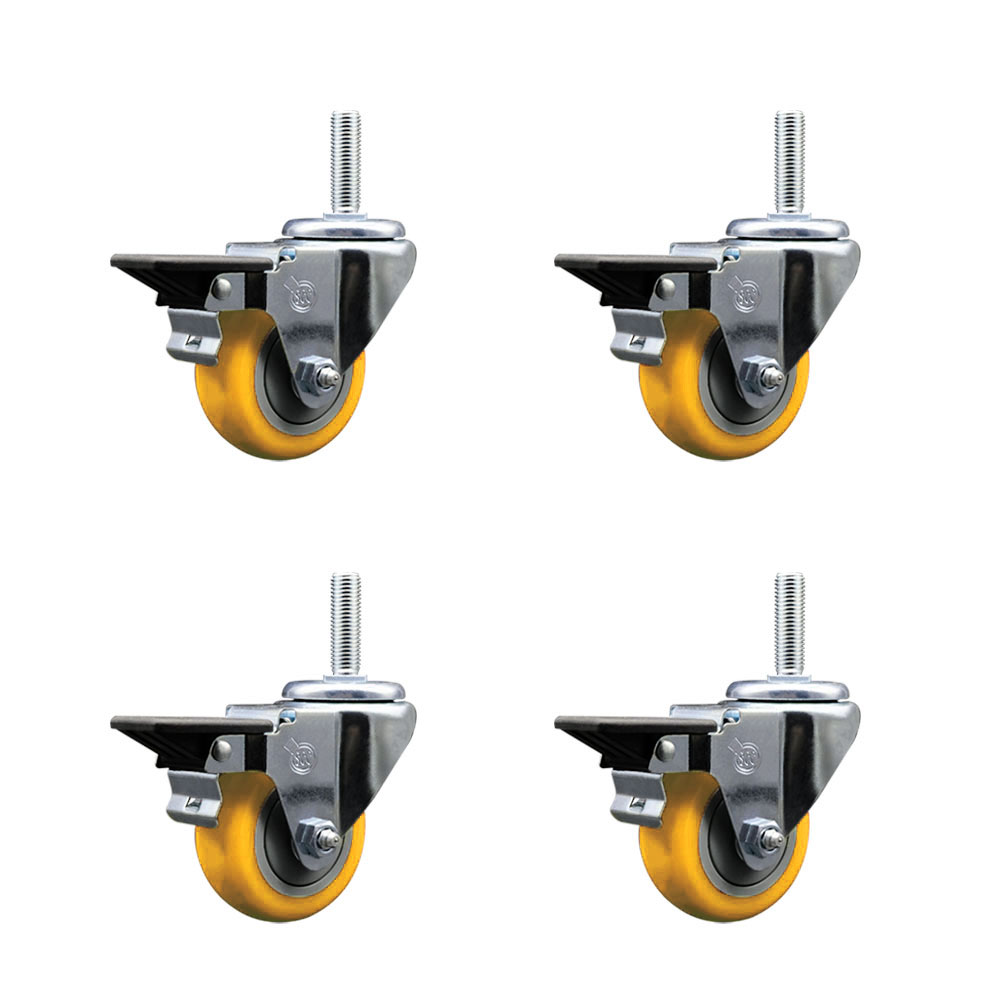 Polyurethane Swivel Threaded Stem Caster Set of 4 w/3" x 1.25" Yellow Wheels and 3/4" Stems - Includes 4 with Posi Lock Brakes - 1,200 lbs Total Capacity - Service Caster Brand — photo 1